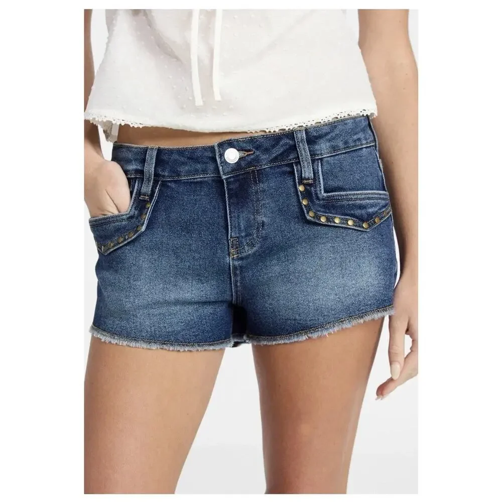 No Boundaries Women’s Denim Shorts Size 0 | Blue Mid Rise Studded 5-Pock00